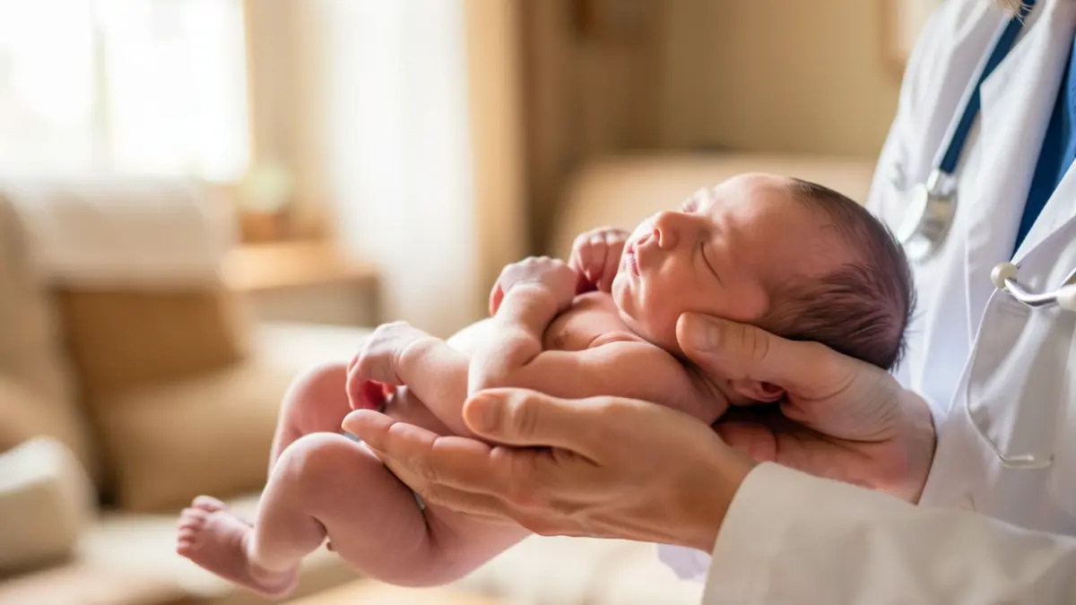Healthcare professional's hands gently holding a newborn baby inside a home.