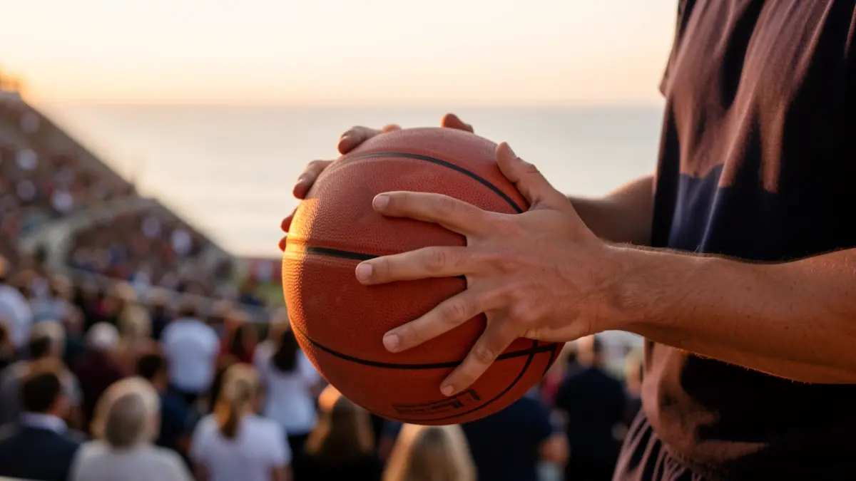 Close-up of a basketball in a player's hands, with stadium and ocean in the background.