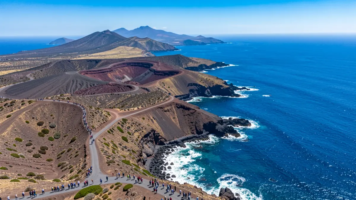 Aerial view of a Canarias island coastline with volcanic landscapes meeting the sea.