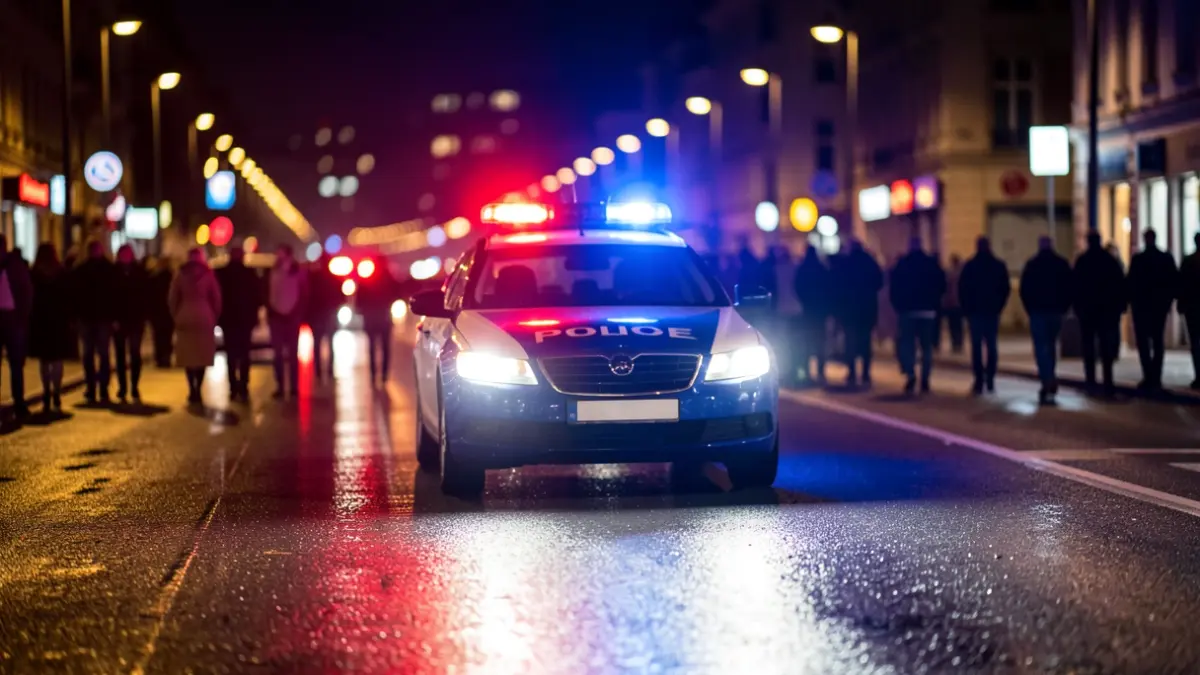 Generic image of police emergency lights on a wet road at night.