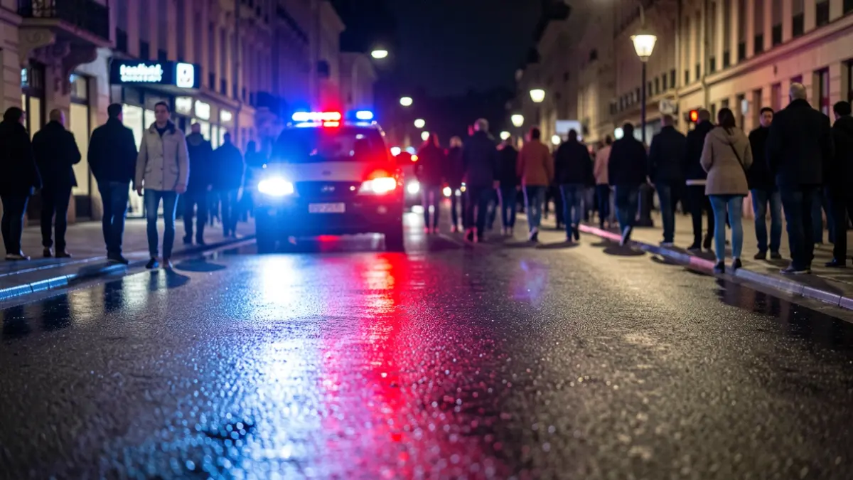 Imagen genérica de luces de emergencia policiales reflejándose en asfalto mojado por la noche.