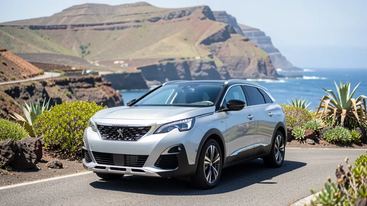 Image of the Peugeot 5008 SUV in a volcanic landscape of the Canary Islands.