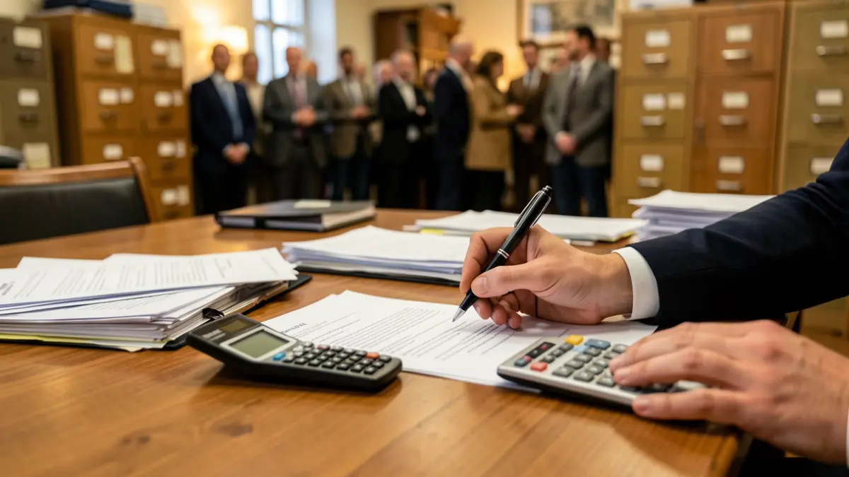Close-up of a desk with documents and a calculator, hand signing a paper, blurred office background.