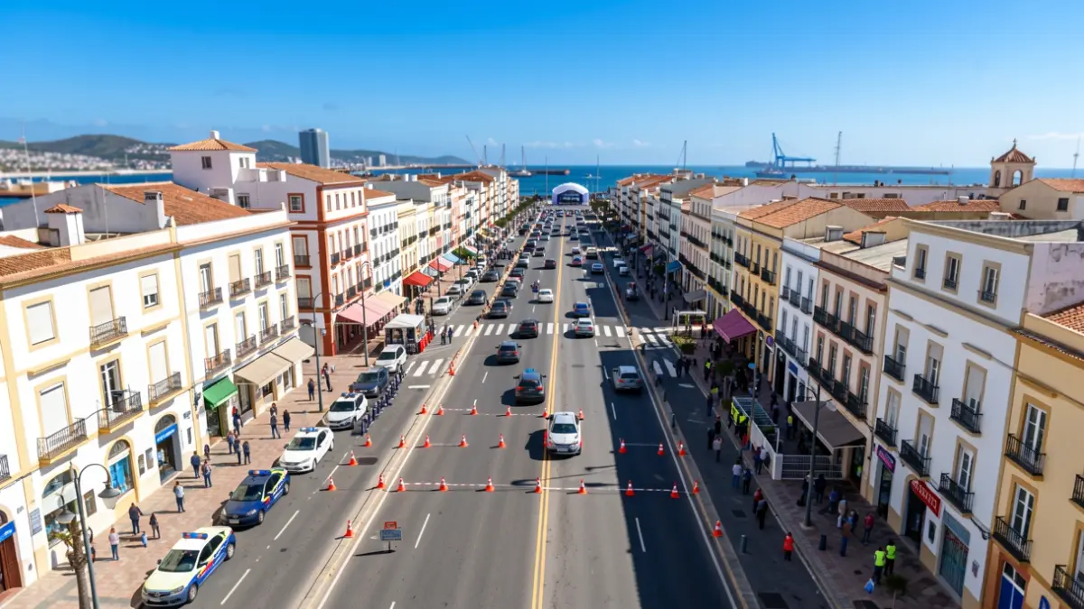 Imagen aérea de una avenida principal de Santa Cruz de Tenerife con conos y vehículos policiales indicando cortes de tráfico.