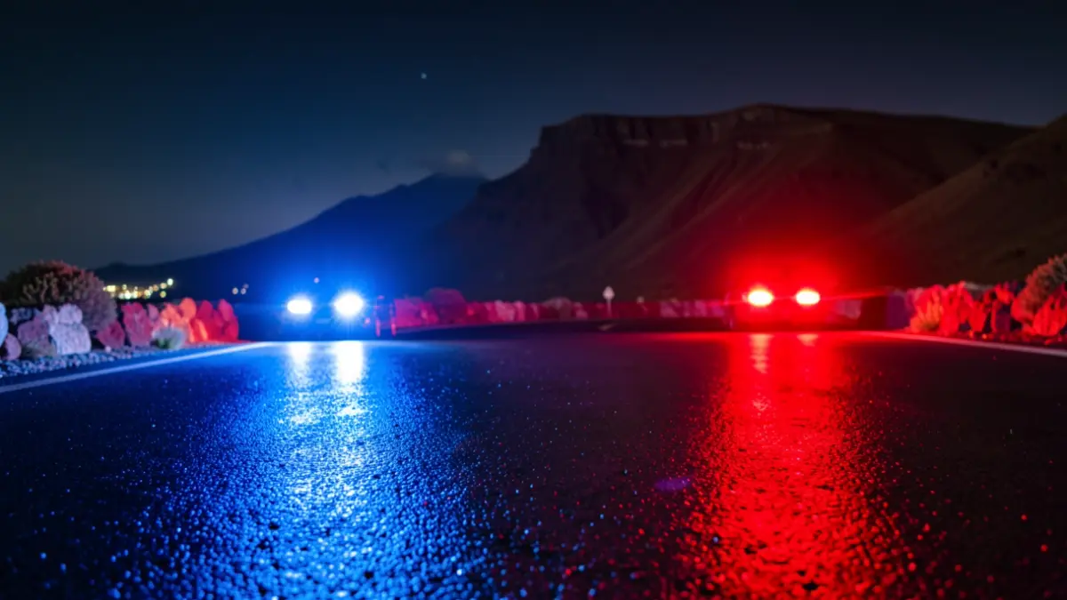 Generic image of police emergency lights reflecting on wet asphalt at night.