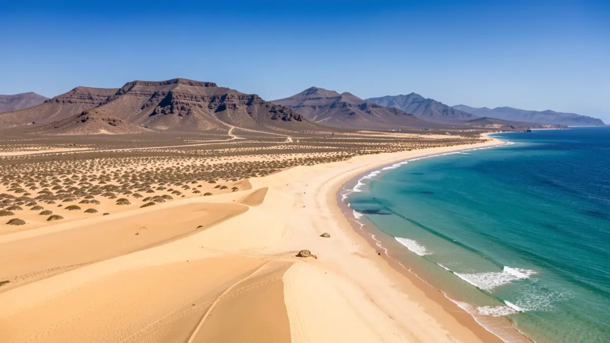 Aerial image of Cofete Beach in Fuerteventura, showing golden sand and mountains.