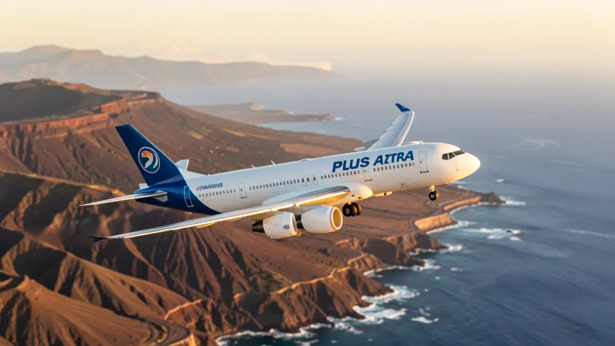 Plus Ultra airplane flying over a volcanic landscape and the coast.