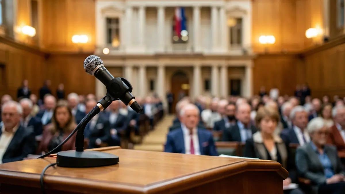 Generic image of a microphone on a podium during a parliamentary hearing.