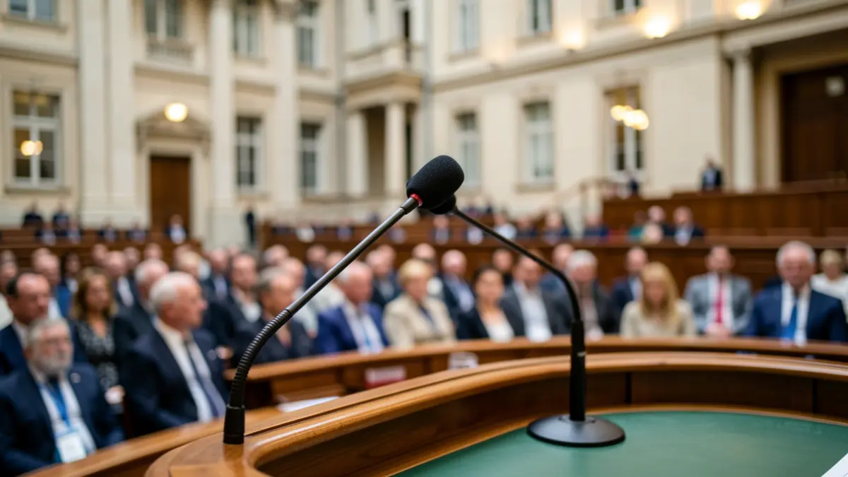 Generic image of a microphone on a podium in a parliament.