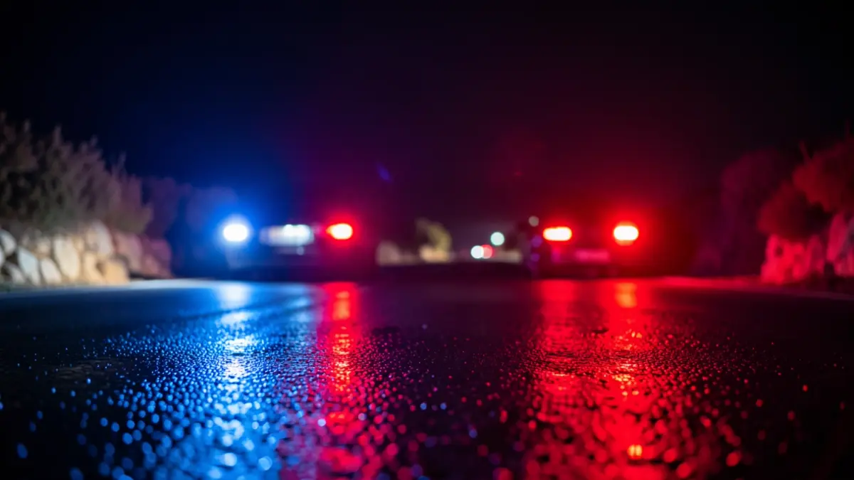 Generic image of police emergency lights reflecting on wet asphalt at night.