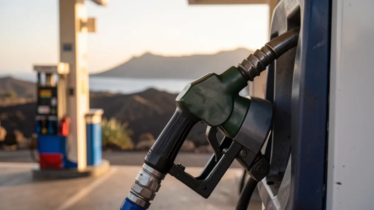 Primer plano de una manguera de gasolinera en Canarias con paisaje volcánico al fondo.