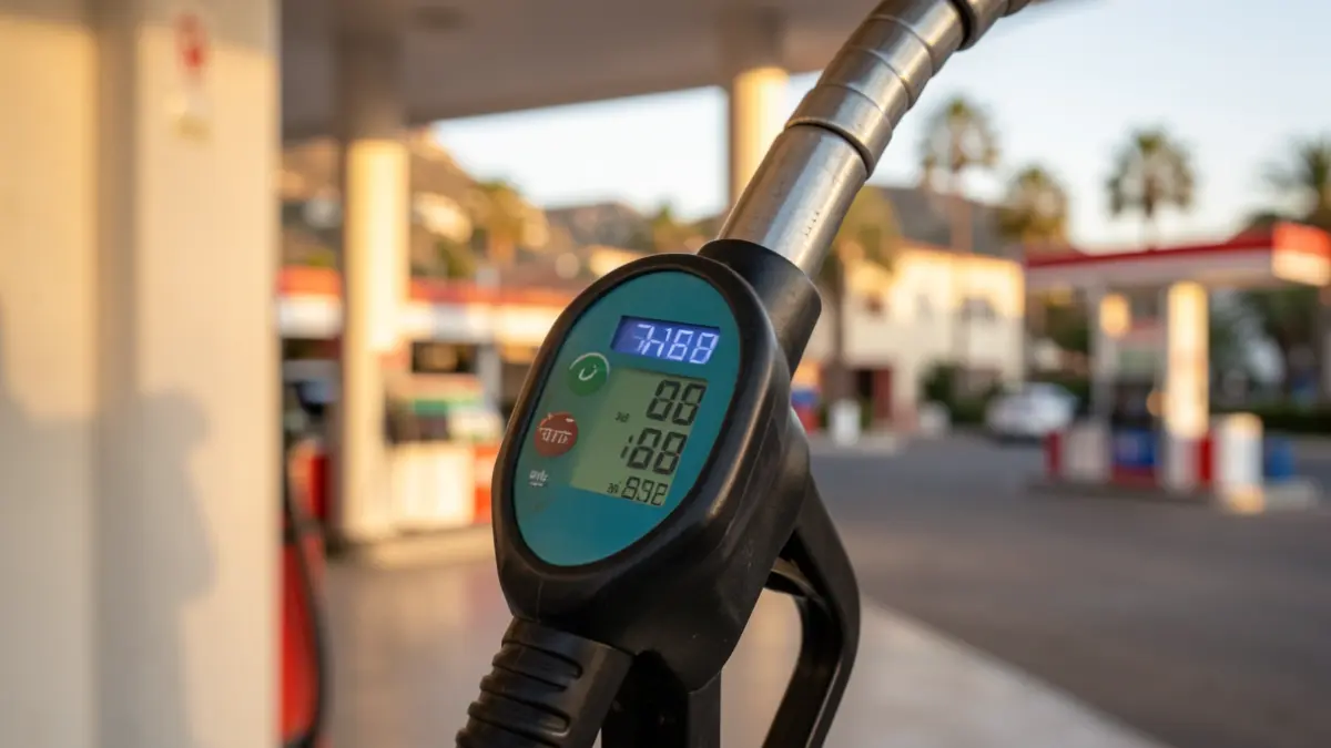 Primer plano de una manguera de gasolinera con precios de combustible, con fondo difuminado de una estación de servicio en Canarias.
