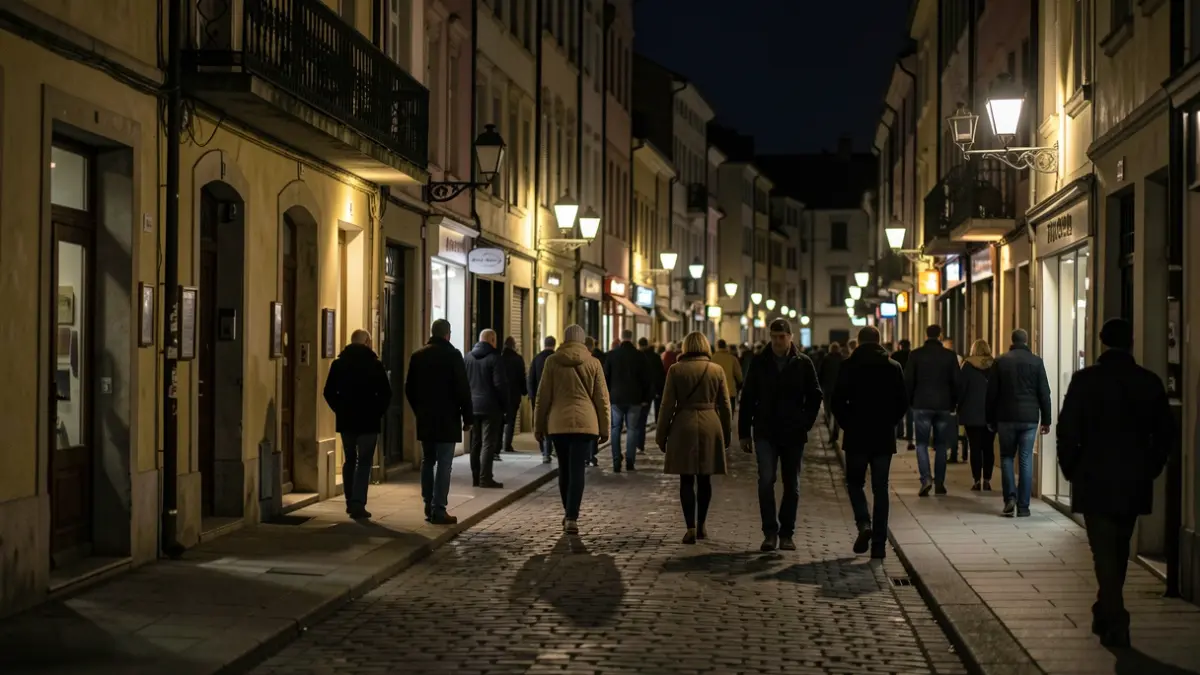 Generic image of a poorly lit street in a tourist town at night.