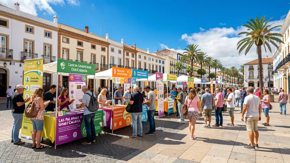 Generic image of a public square in Las Palmas de Gran Canaria with health information stands.