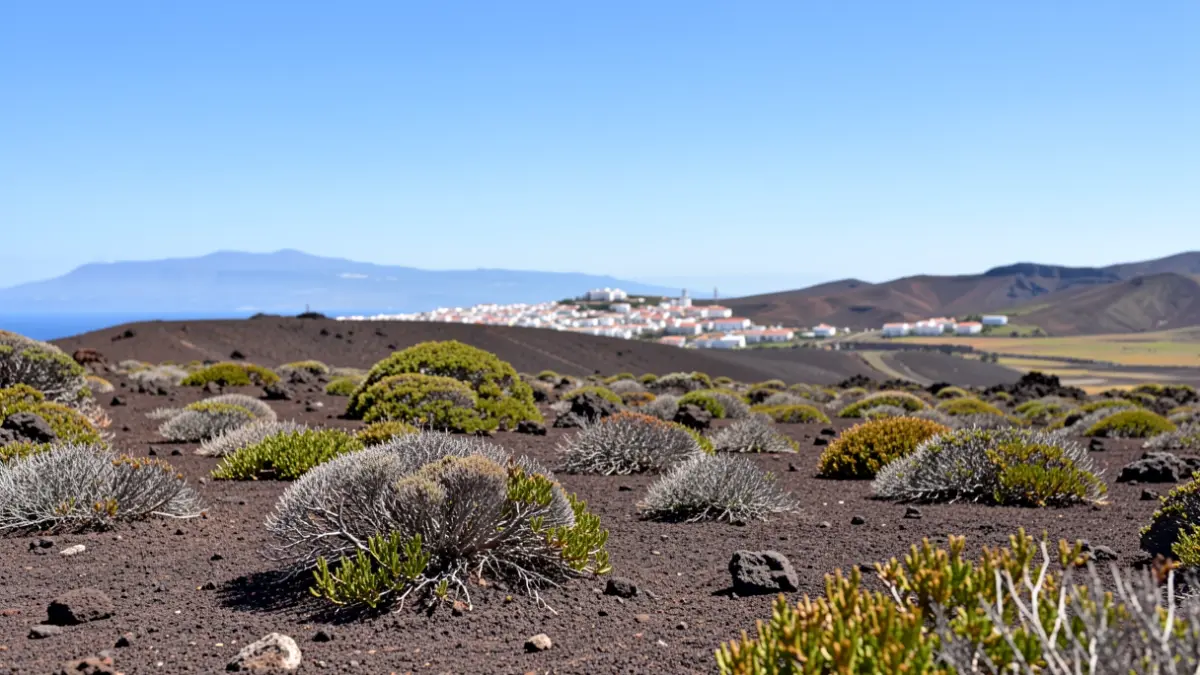 Cielo soleado sobre un paisaje volcánico con vegetación escasa en Arafo.