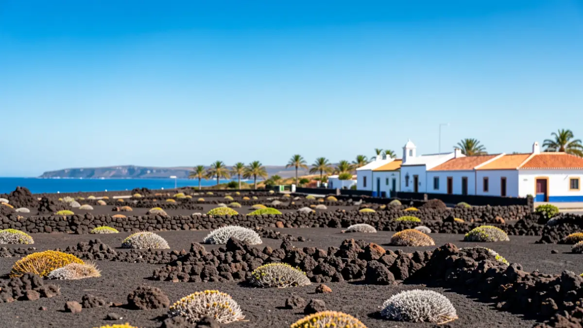 Clear and sunny sky over Haría, Lanzarote, with volcanic landscape and traditional Canarian architecture.