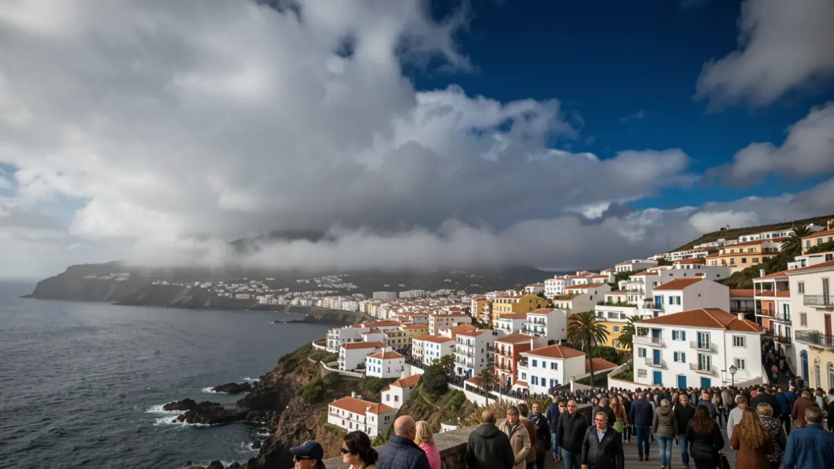 Cielo nublado con niebla sobre un pueblo costero de Canarias.