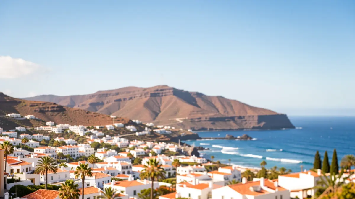 Sunny sky over a Canary Islands coastal landscape with volcanic mountains and the sea.