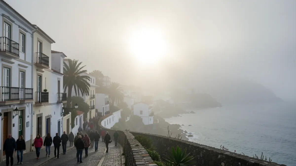 Imagen genérica de una mañana con niebla y bruma en un pueblo de Canarias, con el sol intentando aparecer.