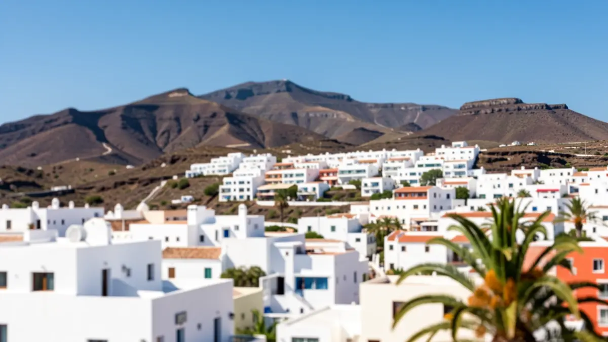 Sunny sky over a Canary Islands town with volcanic hills and traditional architecture.