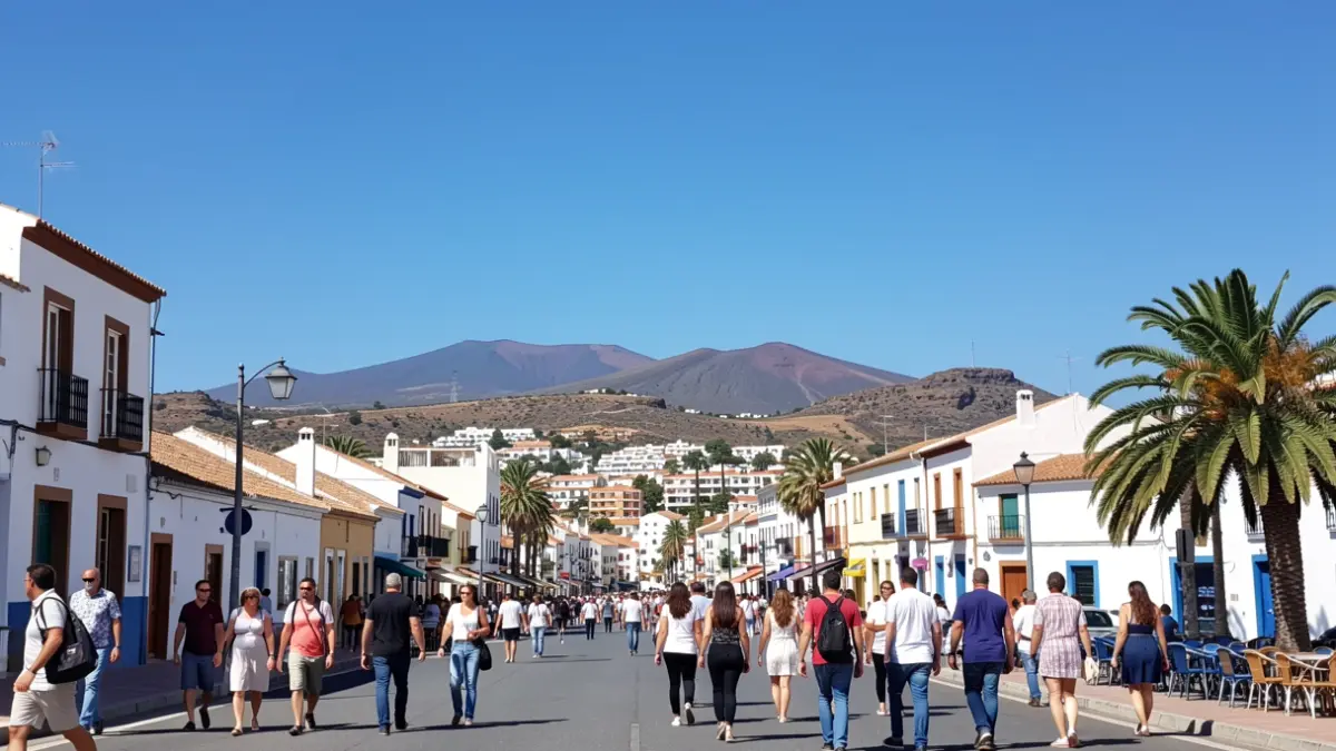Cielo despejado y soleado sobre un pueblo de Gran Canaria con paisaje volcánico al fondo.