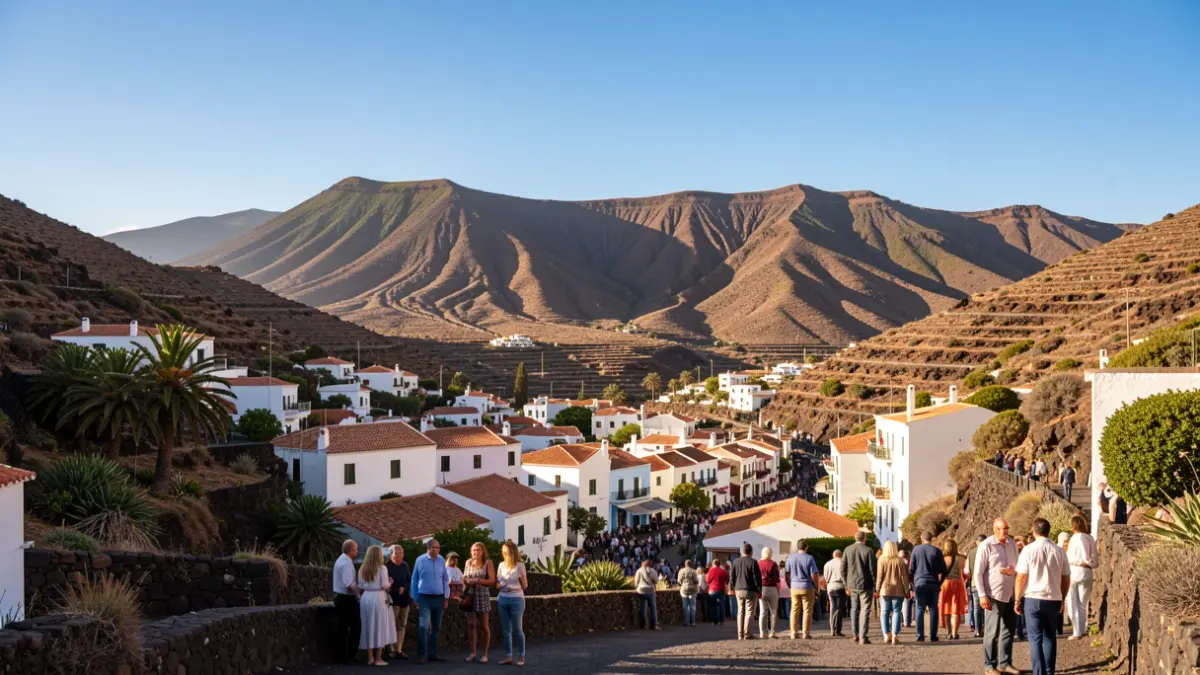 Imagen genérica de un cielo despejado sobre un pueblo canario con montañas volcánicas al fondo.