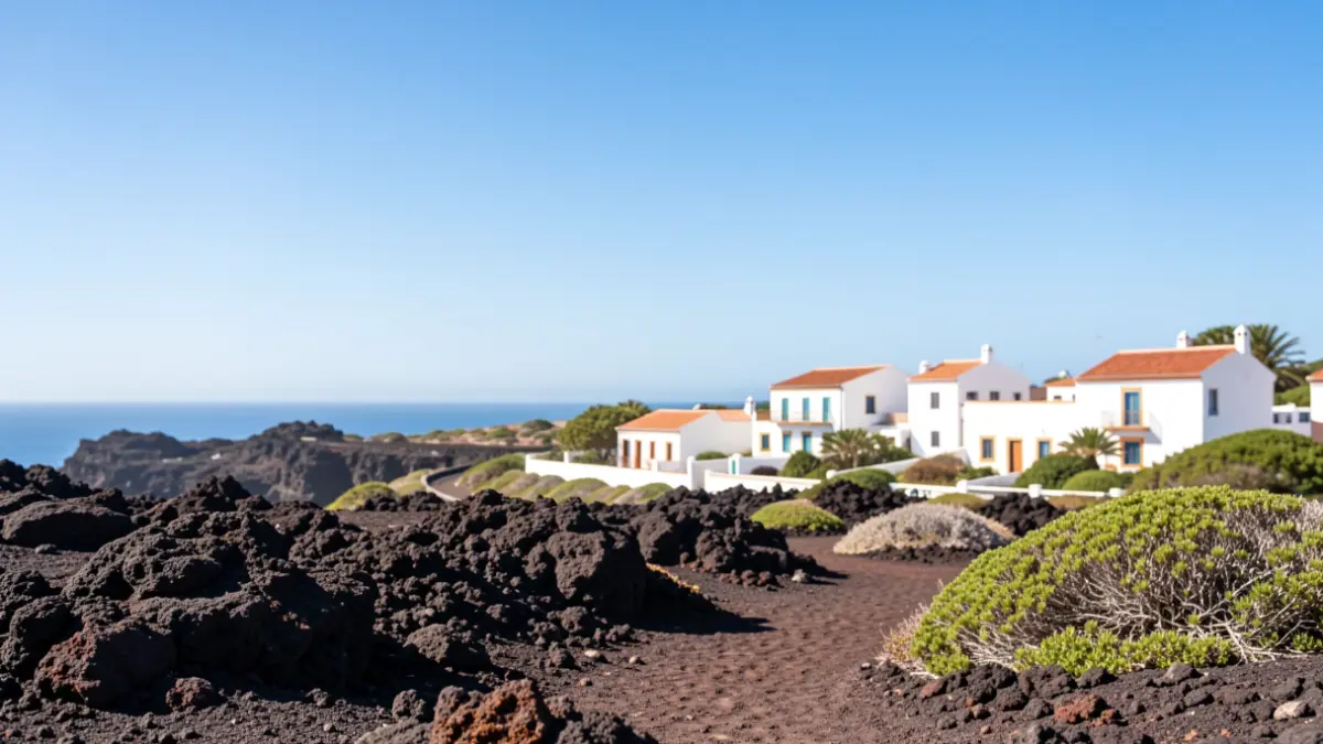 Clear sky over Yaiza, Lanzarote, with volcanic landscape and traditional Canarian architecture.