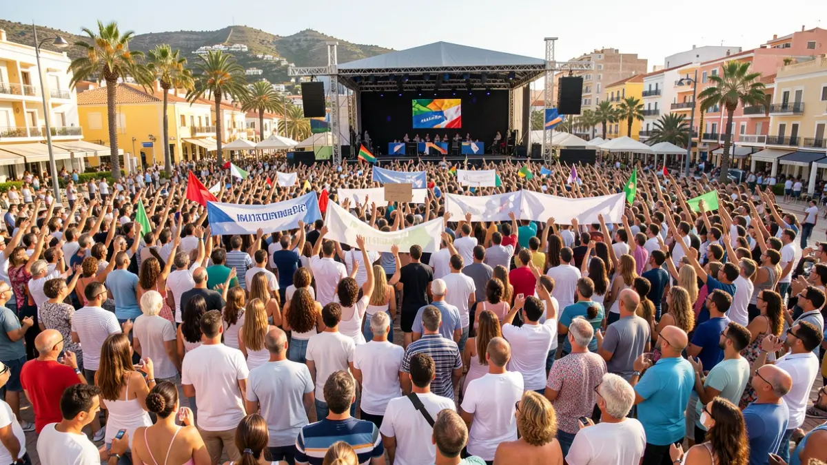 Generic image of a political rally with attendees and a stage.