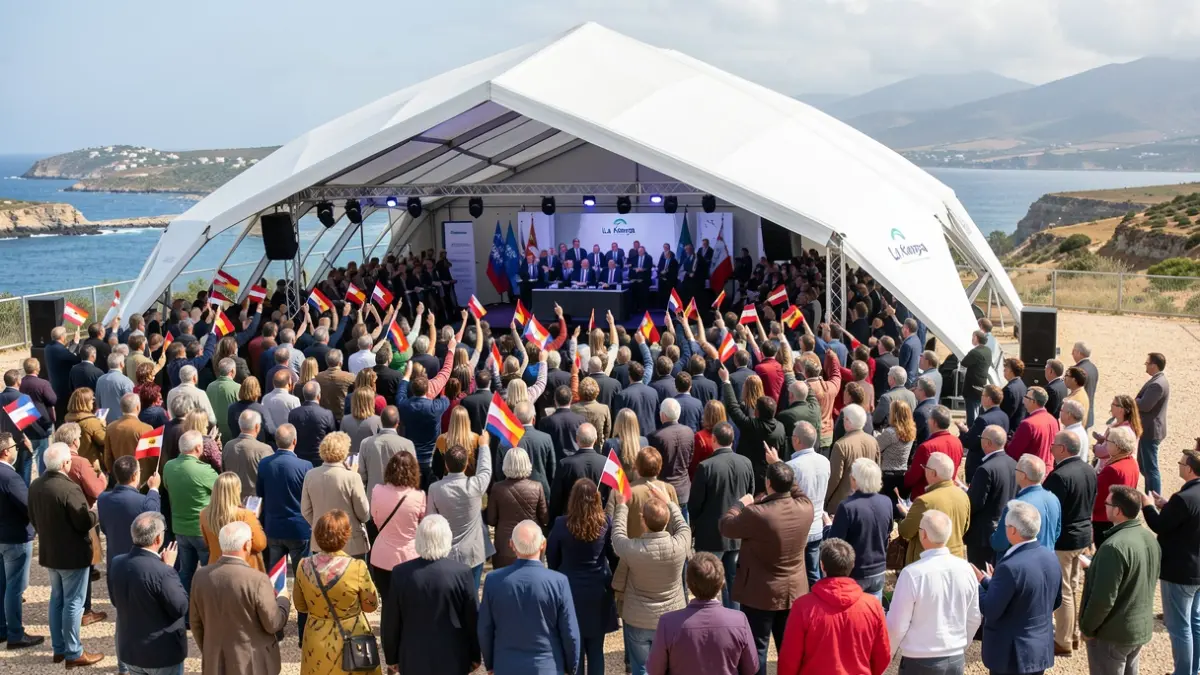 Generic image of a political rally in Canarias with attendees and leaders on a stage.