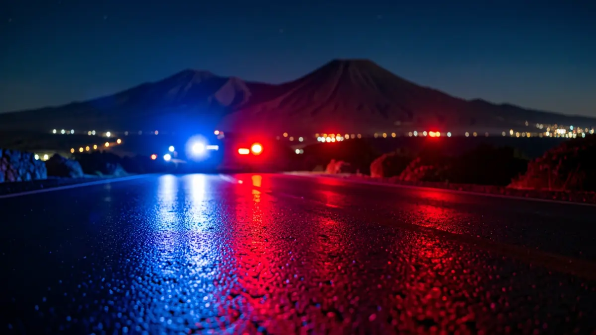 Generic image of police emergency lights reflecting on wet asphalt at night.