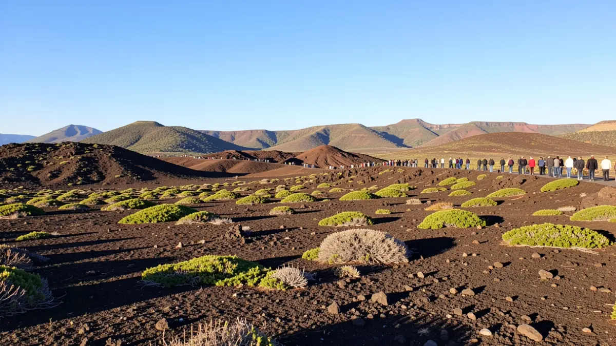 Generic image of the volcanic landscape of the Canary Islands with sparse vegetation and blue sky.