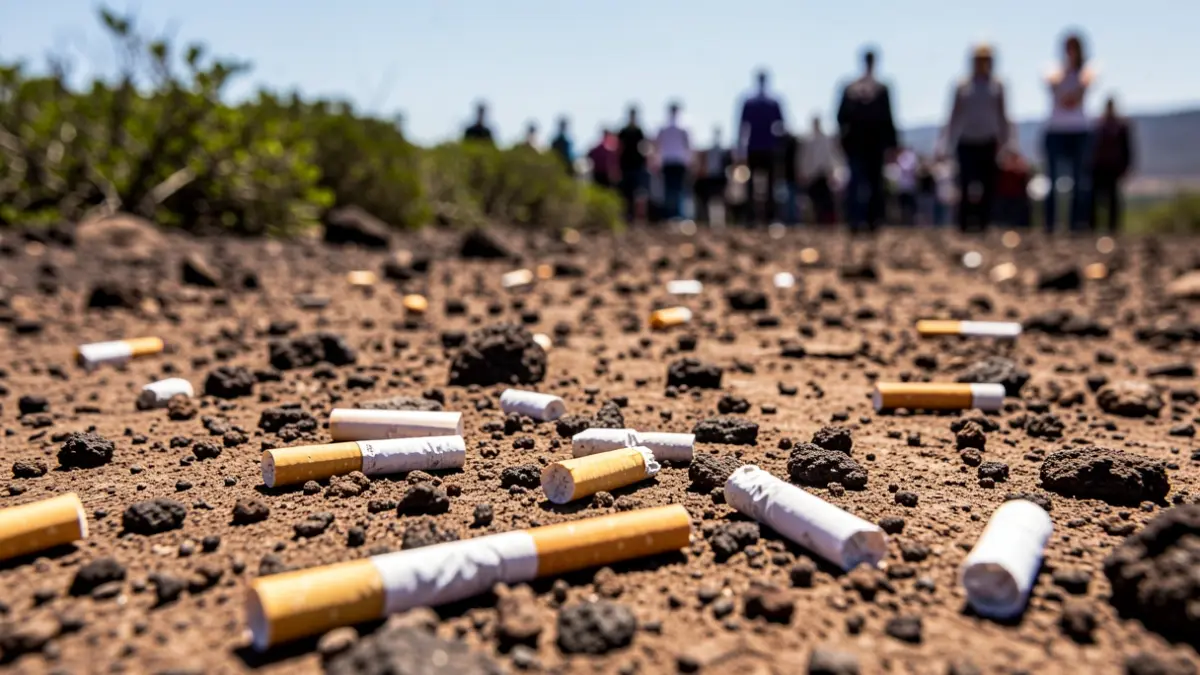 Cigarette butts scattered on the dry ground of Teide National Park.