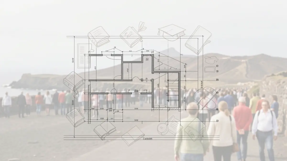 Conceptual image of educational planning in La Gomera, featuring blueprints and educational symbols.