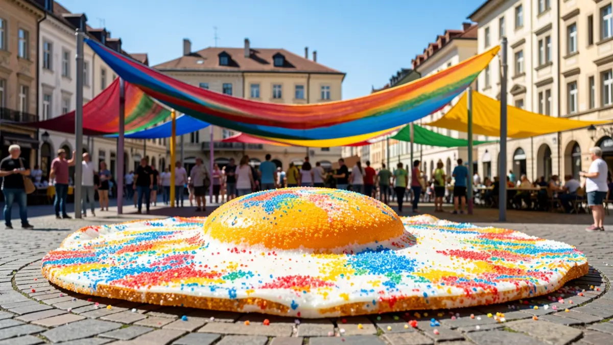 Image of an ephemeral fried egg-shaped carpet made of dyed salt in Plaza del Pilar, Las Palmas de Gran Canaria, as a neighborhood protest.