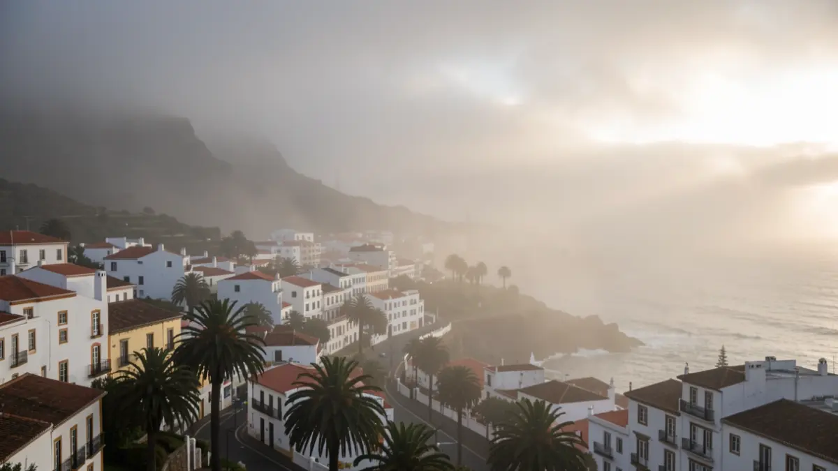 Niebla matutina cubriendo Puerto de la Cruz, Tenerife, con el sol intentando disiparla.