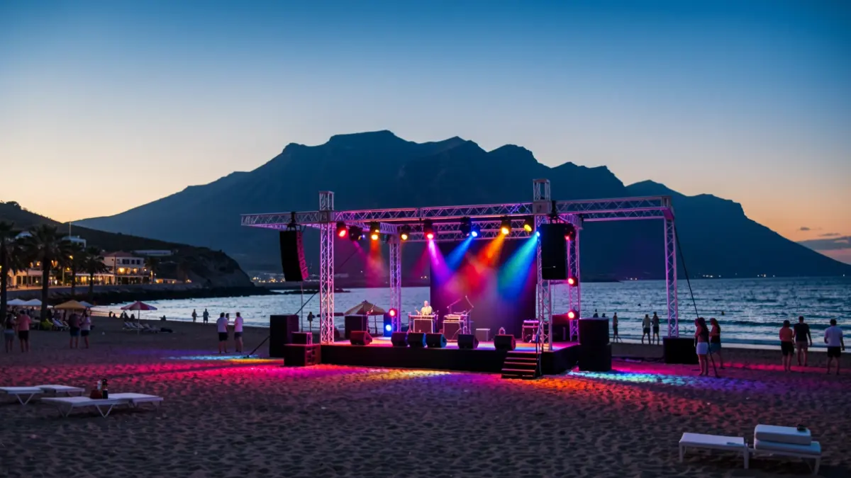 Imagen genérica de una playa canaria al atardecer con un escenario preparado para un concierto.