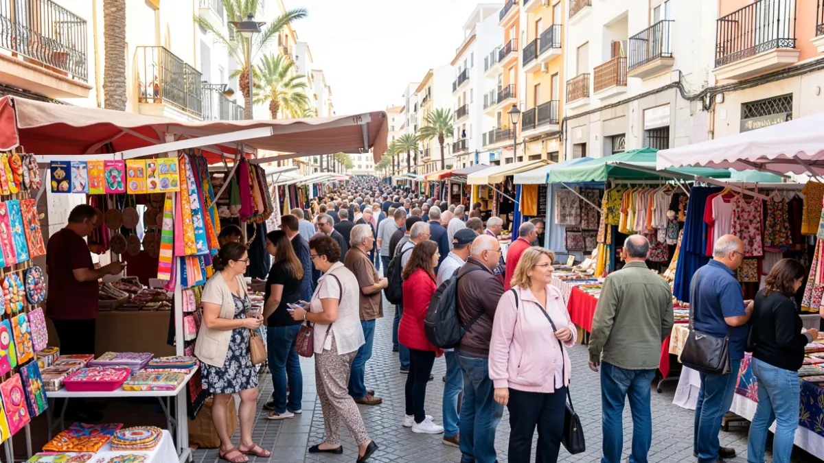 Imagen de la cola de gente en el Mercado de Altavista para visitar el puesto de merchandising de Quevedo.