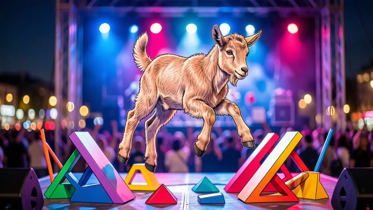 Conceptual image of Quevedo's 'El Baifo Tour' with a goat kid dodging obstacles.
