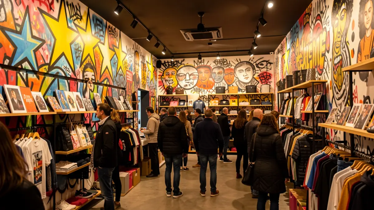 Interior de una tienda efímera con arte urbano y merchandising.