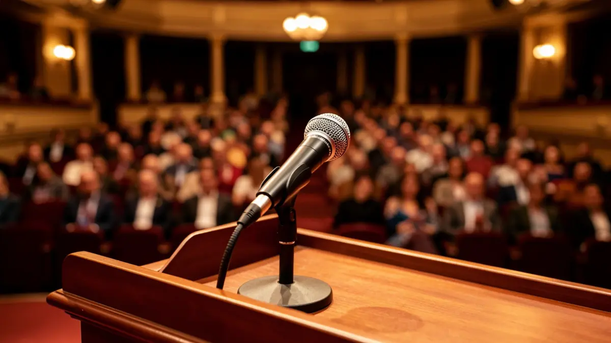 Imagen genérica de un micrófono en un atril en un auditorio.