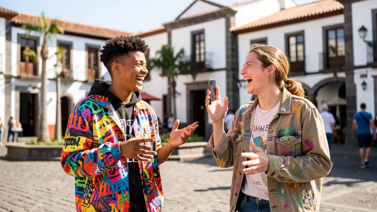 Imagen de dos artistas urbanos grabando un videoclip en un entorno histórico de Canarias.