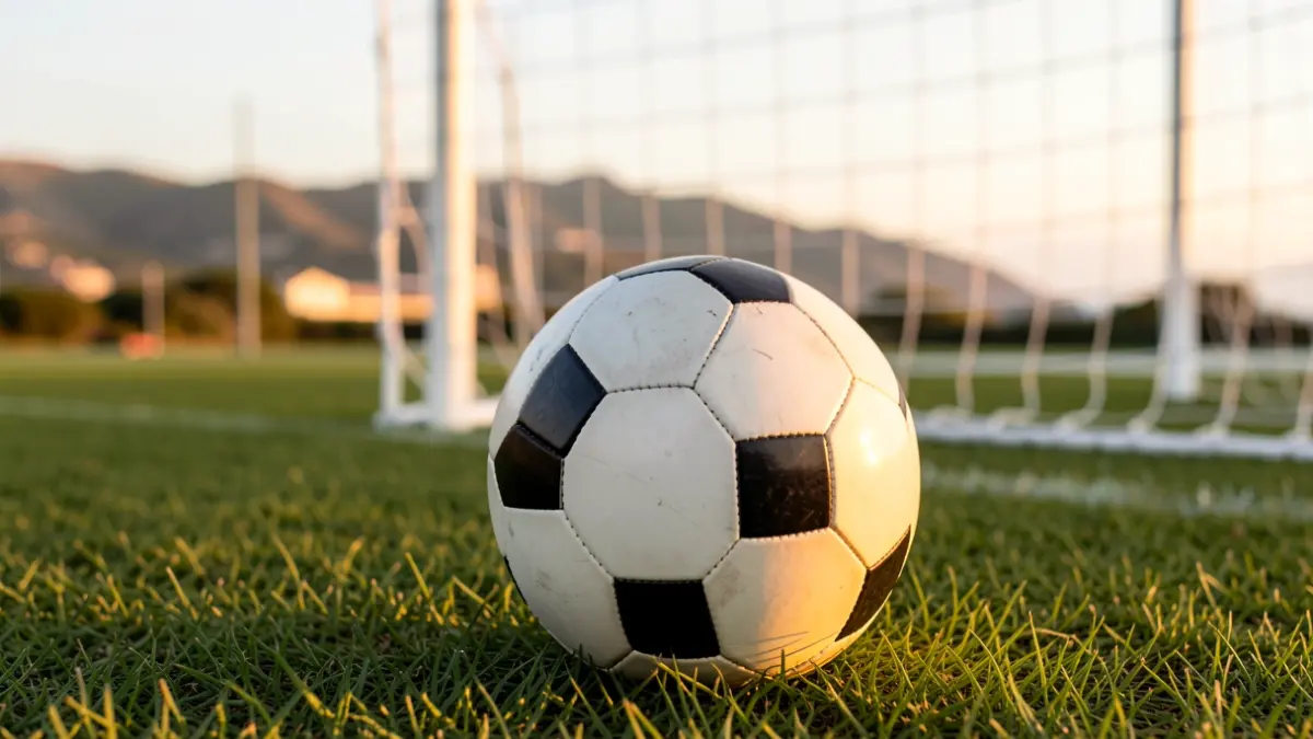 Generic image of a soccer ball on grass with the goal net out of focus.