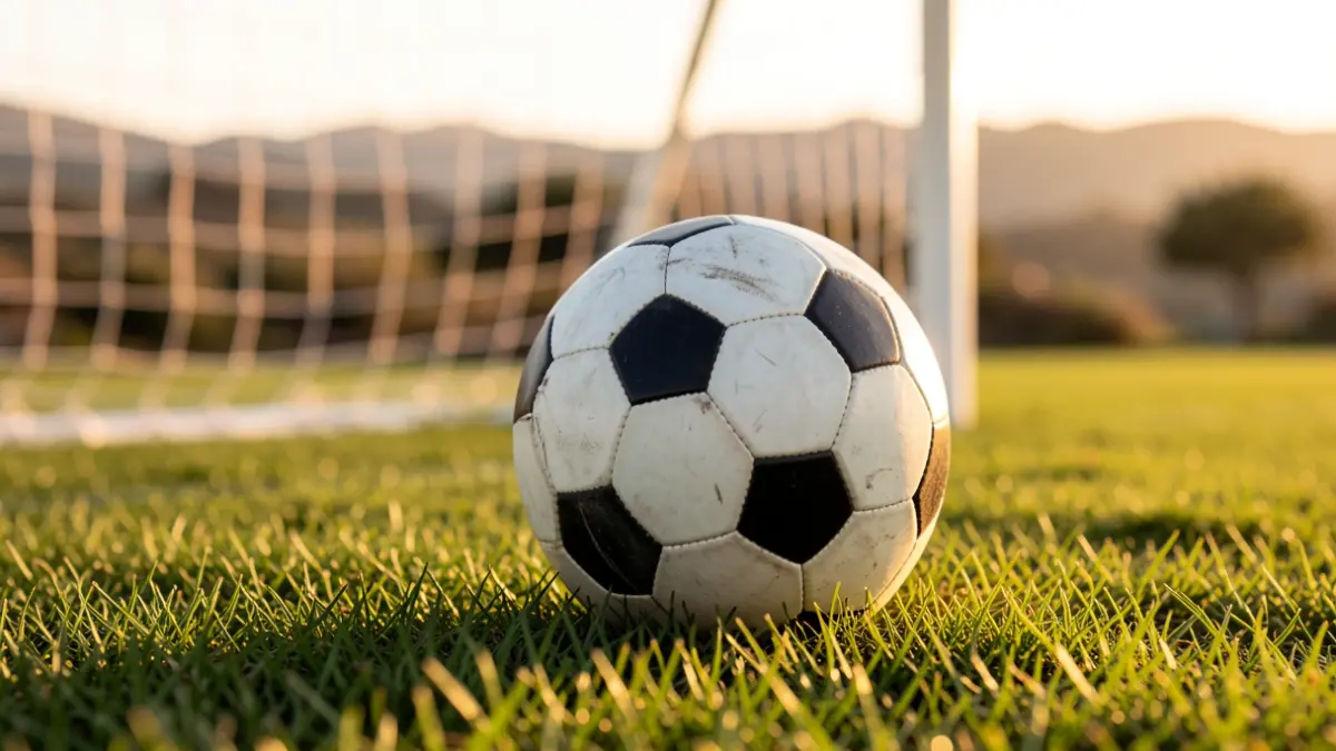 Imagen genérica de un balón de fútbol sobre césped con la red de portería desenfocada.