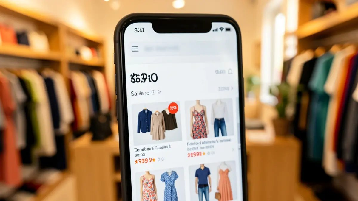 Generic image of a mobile phone displaying sale offers in a fashion store.
