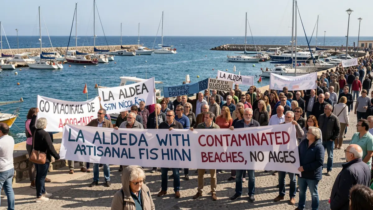 Imagen de una manifestación en el muelle de La Aldea de San Nicolás contra las granjas marinas.