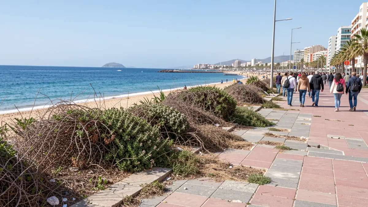 Image of a neglected urban beach in the Canary Islands with a damaged promenade and unkempt vegetation.