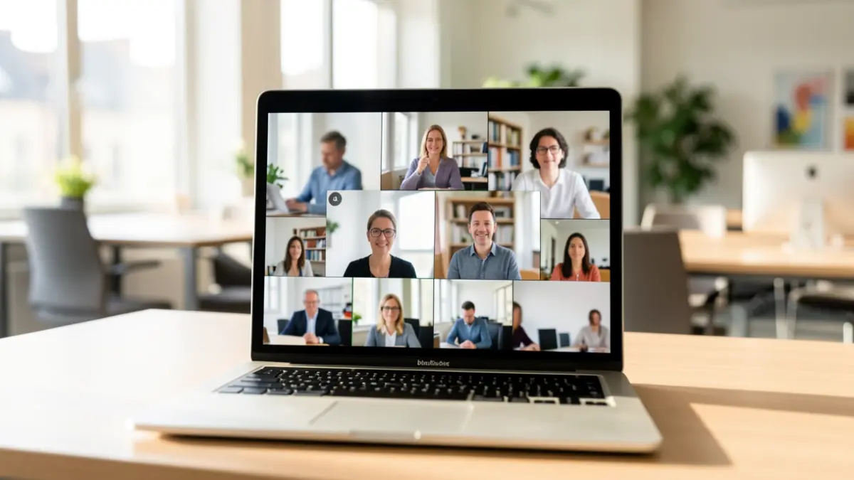 Generic image of teleworking with a laptop showing a video conference.