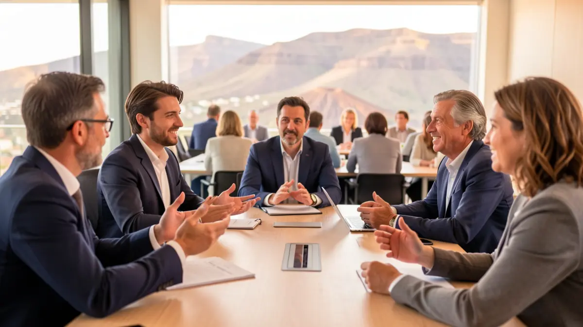 Generic image of professionals in a conference room in the Canary Islands discussing sustainability.