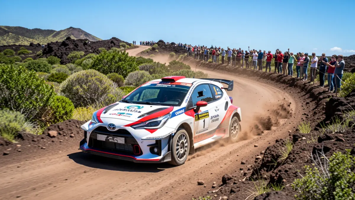 A Toyota GR Yaris Rally2 rally car competing in the 50 Rallye Ciudad de Telde.