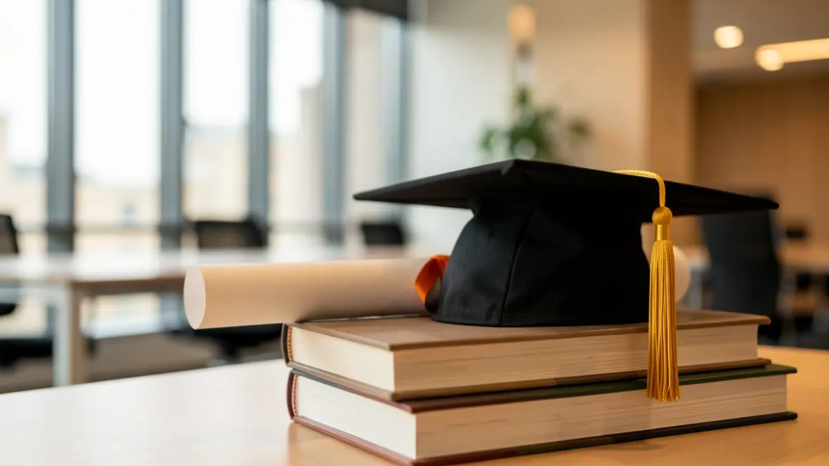 Generic image of a graduation cap and diploma on books, with a blurred modern office in the background.